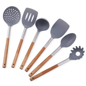 Silicone Cooking Utensils Set Natural Wood Handle Kitchen Utensils Non Scratch Non Stick Easy Grip Cooking Tools