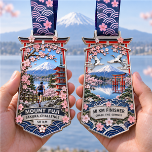 Medaglia per Corsa Virtuale in Montagna, Premio Personalizzato Sakura <span class=keywords><strong>Giapponese</strong></span> 50KM, Medaglia in Lega di Zinco con Stampa UV e Finitura in Rilievo 3D - Product Image 1