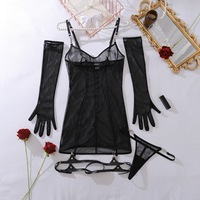 Ensemble de lingerie sexy Chuangerm sur mesure OEM à faible MOQ, 4 pièces, en maille transparente, avec robe nuisette à armatures, longues mitaines et porte-jarretelles