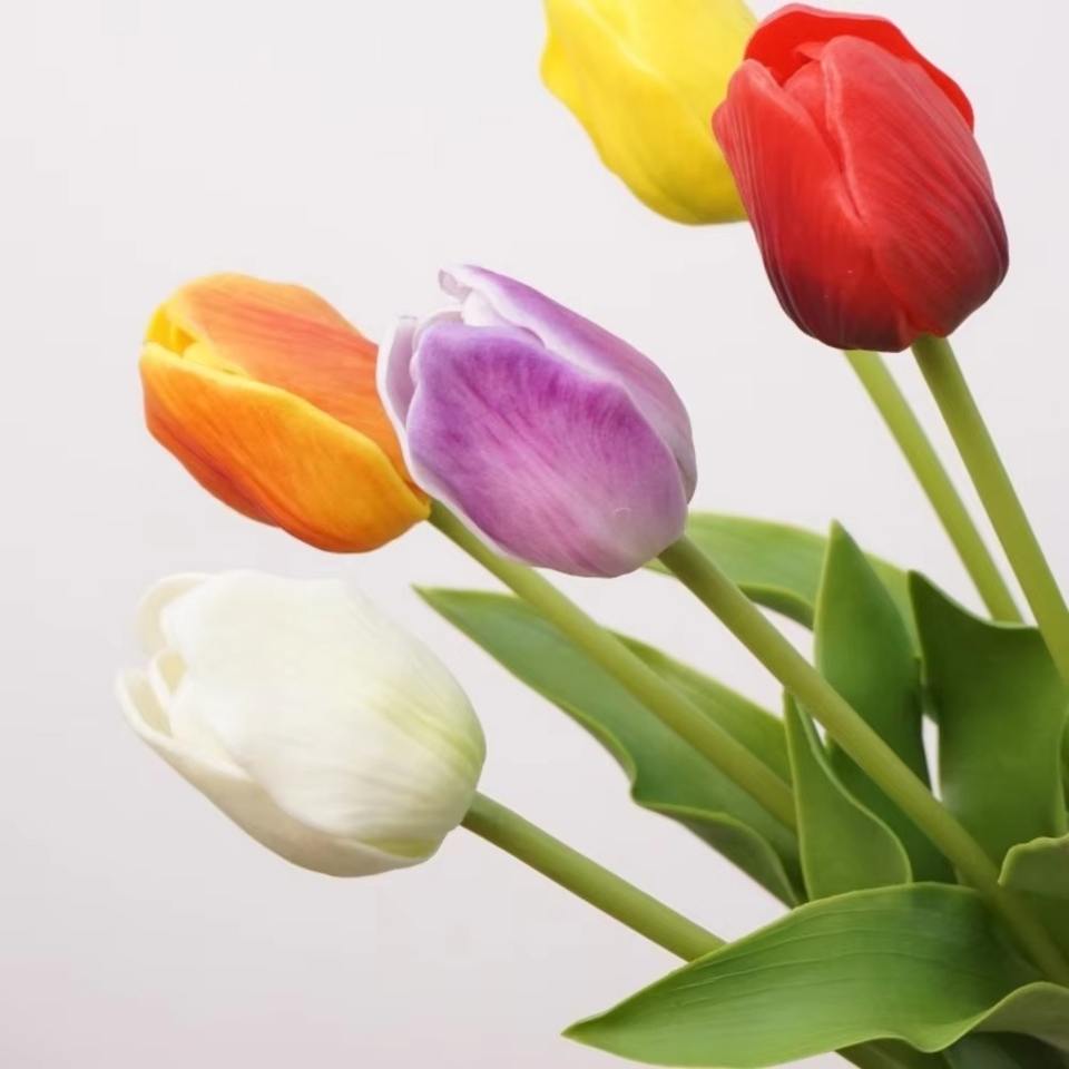 Customized Tulips Artificial Real Touch Flower White Yellow 44cm Single ...