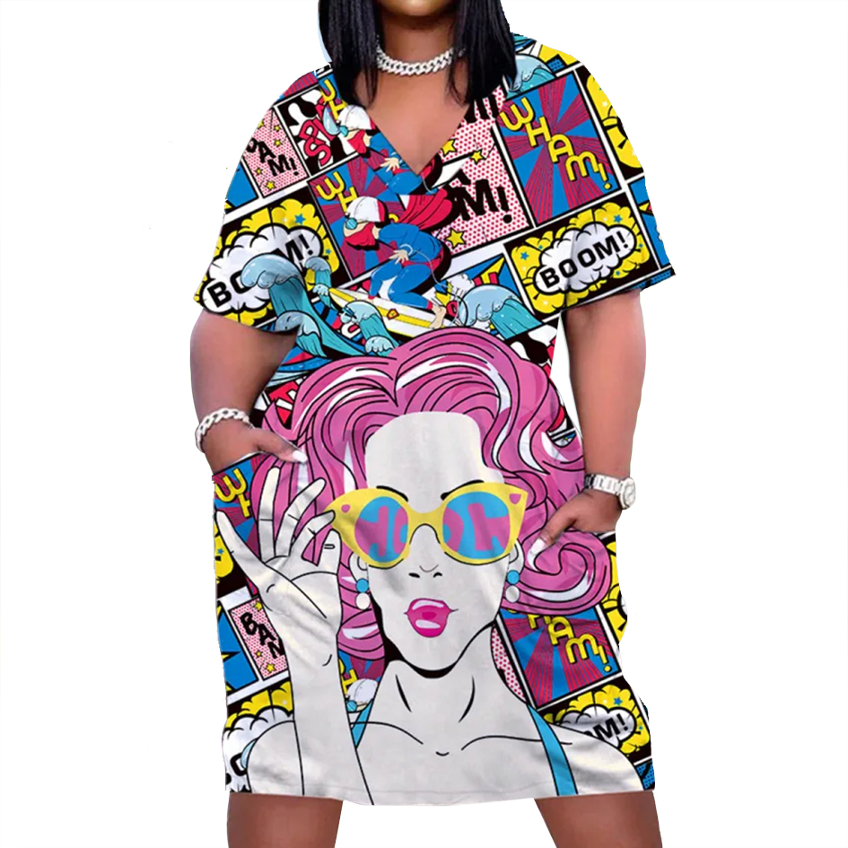Customized Graffiti Style V-neck Half Sleeve Summer Casual Hawaiian Midi  Dress Plus Size Women's Clothing| Alibaba.com
