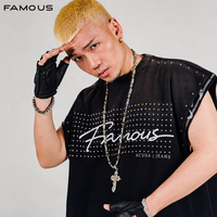 Débardeur Homme Personnalisé Surdimensionné Imprimé Délavé à l'Acide, Effet Vieilli avec Rivets et Détails Déchirés, Style Hip Hop Streetwear Sans Manches pour l'Été, OEM