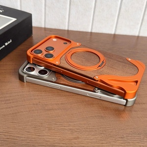 เคสแม่เหล็กแผ่นหลังไม้วอลนัทสุดหรูสำหรับ iPhone 18 15 16 17 Pro Max พร้อมการปกป้อง 360 องศา °   ขาตั้งโทรศัพท์แบบวงแหวน อลูมิเนียม โลหะ ฝาครอบไร้ขอบ - Product Image 4