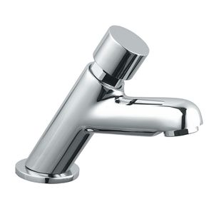 Grifo de lavabo cromado con cuello de cisne, botón pulsador y parada temporizada - Product Image 1