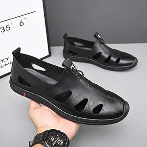 Men's Soft Leather Casual Hollow-Out <b>Clogs</b> Breathable Rubber Outsole Low Heel Boat Shoes - Product Image 3