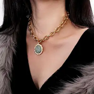 Collier avec pendentif en pierre naturelle, bijou de pièce de monnaie Turquoise, Punk, chaîne à gros anneaux, bijou pour femmes