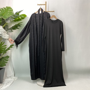 <b>Feather</b> <b>Cuff</b> & Printed Abaya Set on Sale - Elegant Satin Kimono Abaya with Inner Dress Outfit (1950+6435) - Product Image 5