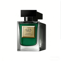 Flacon de parfum de luxe pour homme, boîte en verre 100 ml, forme plate avec logo personnalisé, design unique vert et or, par le fabricant