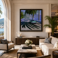 Pintura al Óleo Vintage de Carretera con Palmeras junto al Lago, Cuadro Retro con Marco de Madera Negra, Arte Escénico para Decoración de Salón de Hotel/Villa
