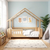 Lit pour tout-petits en bois naturel en forme de maison avec barrières de sécurité et rangement pour la chambre des enfants