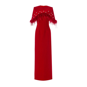 Elegante Abito da <span class=keywords><strong>Donna</strong></span> Rosso con Piume, Collo Tondo, Maniche Corte, Decorazioni di Perle e Foglie, Lunghezza alla Caviglia, Formale ed Elegante - Product Image 2