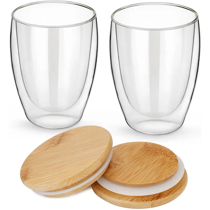 Custom Logo Transparent Milk Mugs 12 oz Double Wall Clear Glass Coffee Cups with Bamboo Lid