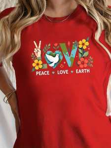 T-shirt da donna Love Peace And Earth, tinta unita, manica corta, girocollo, 100% cotone, vestibilità comoda, primavera estate, casual - Product Image 3