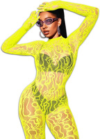 En gros : Bodysuits une pièce en résille jacquard avec gants intégrés, Combinaisons teddy sexy en dentelle, Vêtements de danse exotiques pour femmes, Collants à manches longues