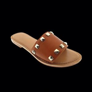 Causal Flat <b>Slides</b> Slipper Women Leather Sandal Slip on Padded Pyramid Metal Designer Sandal High Quality Leather Sandal Women - Product Image 1