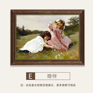 Pittura a olio incorniciata della tela di arte della parete del ragazzo e della ragazza per la stanza dei bambini stile pastorale dell'annata - Product Image 6