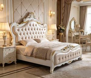 Premium Queen Size White Gold <b>Bed</b> With Cream PU Diamond Tufted Rose Floral Carved Nailhead Headboard For European Rococo Bedroom - Product Image 5