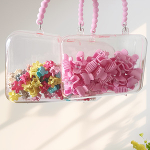 Transparent Pink Jewelry Organizer With Beaded Handle Portable Storage Box For <b>Kids</b> Accessories Desktop Organizer Plastic - Product Image 2