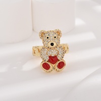 Bague en laiton plaqué or 14 carats avec ours mignon, cœur en émail rouge, étanche, zircon animalier, pour femmes et filles, cadeau, vente en gros