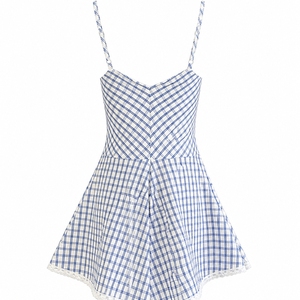 Minivestido azul a cuadros sin mangas con cuello corazón y dobladillo de encaje, ropa informal de verano - Product Image 1