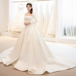 Long Sleeve Square Neck Satin A-Line Backless Wedding Dress Floor Length Train Hepburn Style - Product Image 1