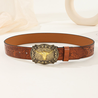 Correa de Cinturón con Diseño de Grabado Personalizado y Hebilla de Placa Grande de Aleación con Cabeza de Toro, Cinturones de PU Estilo Western Vintage para Hombre
