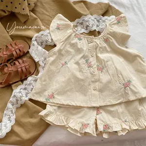Summer Wholesale Children Clothes Sets For Girls Outfit Tops Shorts Outfit Flower Korea Ruffles Boutiques 079ATZ22090