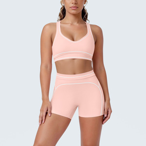 Conjunto de Yoga para Mujer con Líneas en Contraste sin Costuras, Bra Deportivo de Secado Rápido y Shorts de Cintura Alta para Fitness y Entrenamiento - Product Image 2