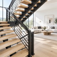 Escalier droit à une seule poutre avec support en poutre I et marches en bois dur pour projets résidentiels contemporains