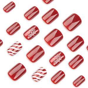 Dropshipping, 12 Uds./set, Uñas Postizas Acrílicas con Diseño de Rayas de Caramelo Navideñas y Copos de Nieve, Color Rojo Francés Sólido, Forma Almendrada - Product Image 3