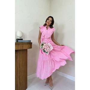 เดรสทรงเอไลน์สีชมพูแต่งระบาย เอวธรรมชาติ ผ้าทอระบายอากาศ ใส่สบายๆ ได้ทุกวัน - Product Image 6