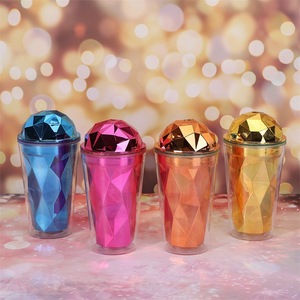 Creative Electroplated Plastic Water Cup Colorful Double Walled With Straw For Party Summer Use - Product Image 1