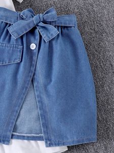 Atacado New <span class=keywords><strong>Kids</strong></span> <span class=keywords><strong>Fashion</strong></span> <span class=keywords><strong>Design</strong></span> Crianças Roupas Set Top Bow Denim Patchwork Saia Meninas Outfits - Product Image 6