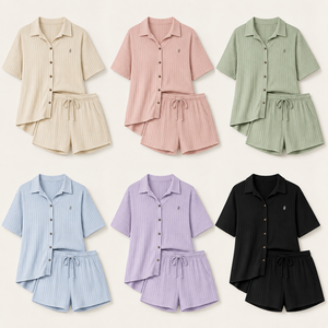Ensemble pyjama femme en tricot doux certifié OEKO-TEX, col et manches courtes, broderie personnalisée, OEM, ODM, vente en gros - Product Image 2