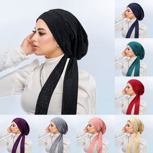 Gorro Turbante <span class=keywords><strong>de</strong></span> Doble Capa con Encaje y Cola Larga para <span class=keywords><strong>Mujer</strong></span>, Pañuelo Elástico <span class=keywords><strong>de</strong></span> Color Sólido y Gorro Interior para Hiyab con Lazos Ajustables - Product Image 3