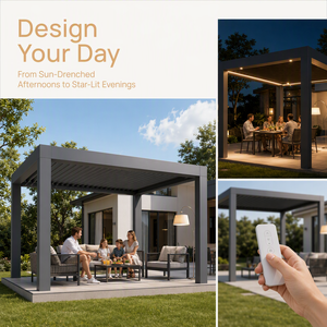 Pergola Intelligente à Lames Orientables Effet Bois, Pergola Extérieure Motorisée en Aluminium Équipée d'un Contrôle par Application, d'un Éclairage RGB et d'un Capteur de Pluie - Product Image 3