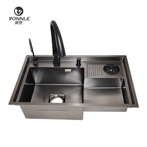 Évier de cuisine intelligent en acier inoxydable nano <span class=keywords><strong>noir</strong></span> nouvellement conçu avec lave-gobelet Style <span class=keywords><strong>bol</strong></span> unique 1 valve en laiton - Product Image 5