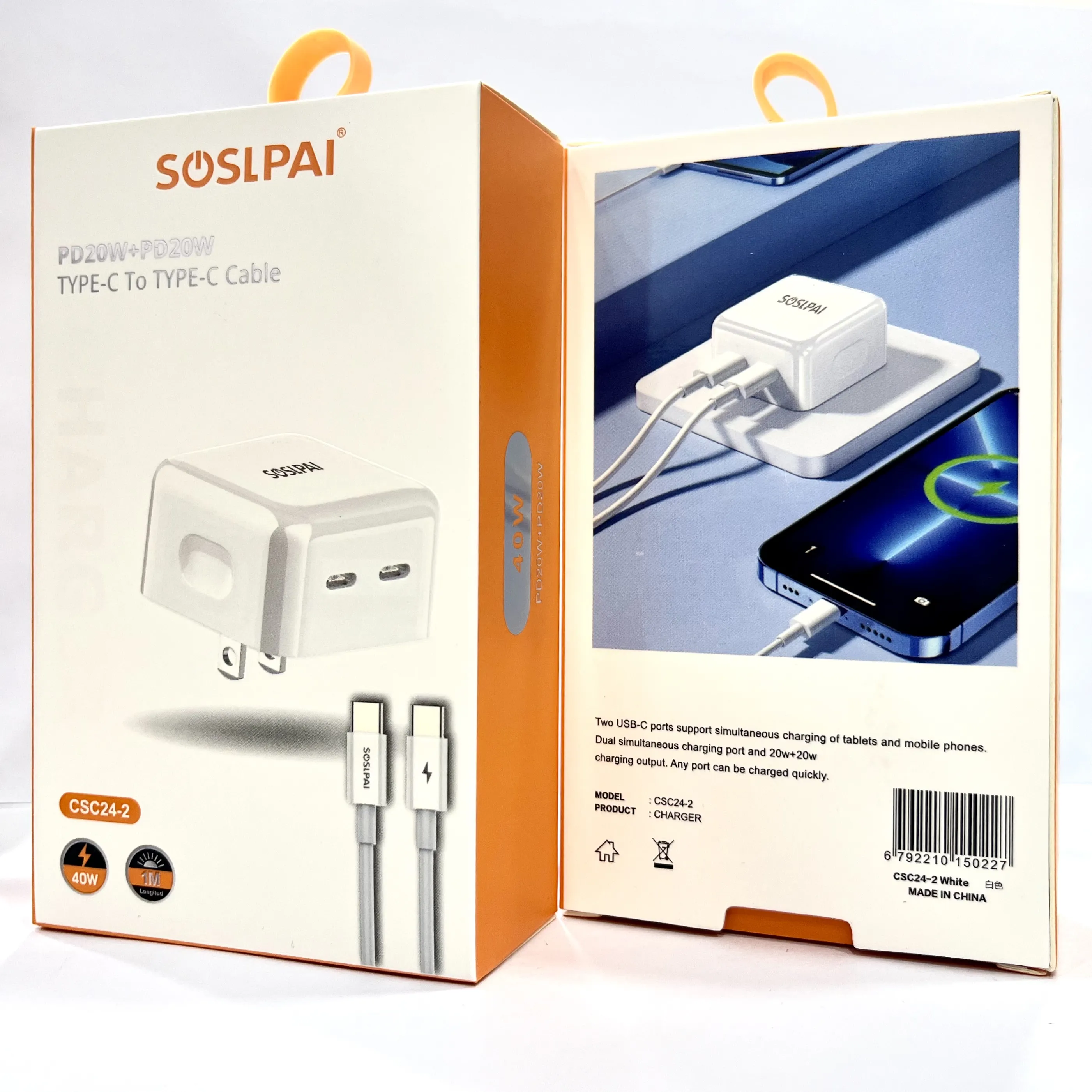 Popular Products 2024 Two USB-C Ports PD 40W Fast Charging Adapters with Type C To Type C Data Cable For Xiaomi Samsuny