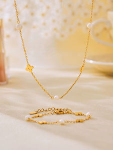 Collar de cadena de flores de perlas de agua dulce, pulsera de trébol de cuatro hojas, acero inoxidable 316L, conjunto de joyas de oro auténtico de 18 quilates - Product Image 6