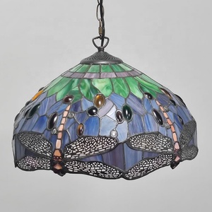 LongHuiJing 16-Inch Wide Tiffany Style Dome Pendant <b>Light</b> Colorful Dragonfly Stained Glass Shade Adjustable Height Middle Size - Product Image 3