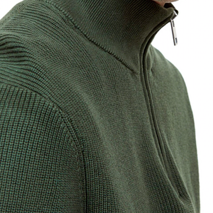 Suéter de Punto con Cierre de Cremallera de un Cuarto para Hombre, Color Verde Oliva, Corte Regular, Color Sólido, Cuello Alto Informal, 100% Algodón, Transpirable, para Otoño - Product Image 3