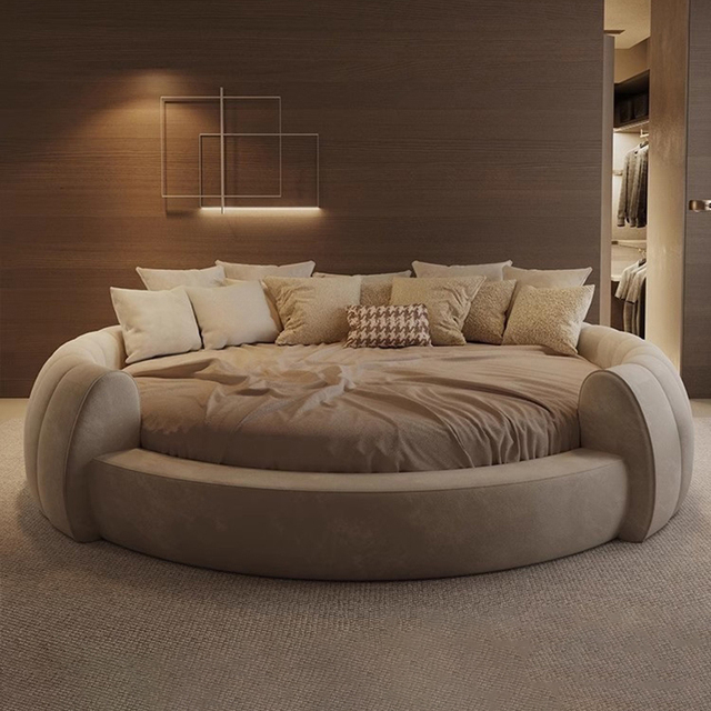 Round Hotel Large King Bed Set Furniture Bedroom Cream Style Fabric Round Bed Upholstered Popular Bed
