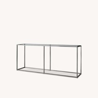 Table console moderne en verre de qualité supérieure avec cadre en laiton, séparateur central, deux compartiments ouverts, profil fin, pour salon, OEM/ODM personnalisé