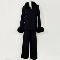 Nouvelle collection automne-hiver : Ensemble pull en maille ample haut de gamme avec col en vraie fourrure de renard et manches en fourrure, en cachemire tricoté pour femme