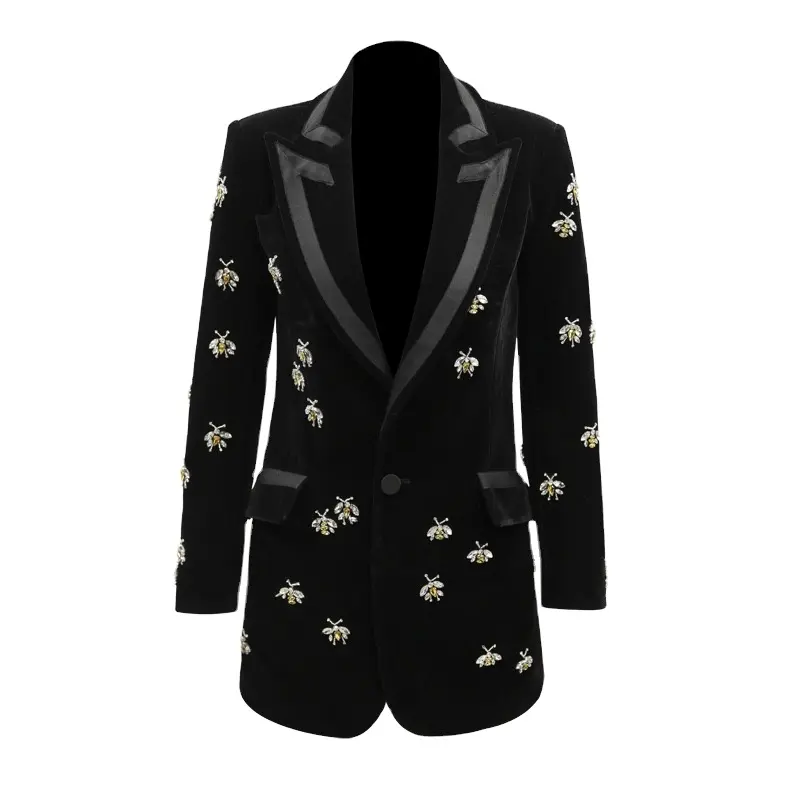 Özel siyah slim fit kadife artı boyutu blazer elbise siyah rhinestone kadınlar zarif blazer