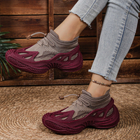 Baskets en tricot bordeaux pour femmes, avec cordon de serrage réglable, plateforme épaisse ajourée, respirantes, chaussures décontractées de marche pour femmes