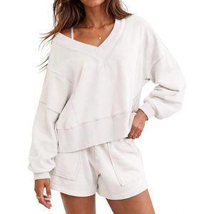 Ensemble de détente 2 pièces pour femme : Sweat-shirt et short, col en V, manches longues, ourlet côtelé, poches, confortable, décontracté, au-dessus du genou, uni, en polyester - Product Image 1