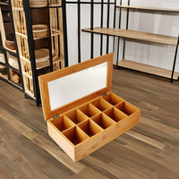 Organisateur et Conteneur de Rangement pour Sachets de Thé en Bambou Naturel Durable pour Bureau avec Couvercle Magnétique 8-10 Compartiments Fenêtres Acryliques