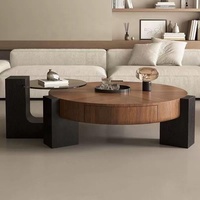 Table basse ronde en bois massif avec pieds noirs en bloc, table d'appoint en verre trempé, design sculptural, profil bas, vente en gros