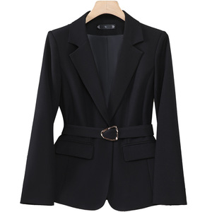 White Women's Blazer With Belt Solid Color Slim Fit For Office Wear - Product Image 5